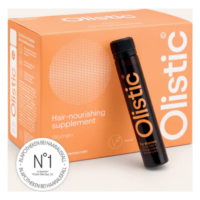 Orange Verpackung mit dem Schriftzug "Olistic Hair-nourishing supplement for Women" und einer schwarzen Flasche.
