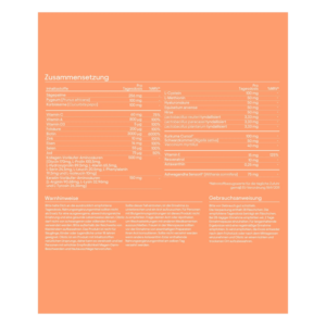 Nährwerttabelle mit Inhaltsstoffen, Tagesdosen und Warnhinweisen auf orangem Hintergrund.