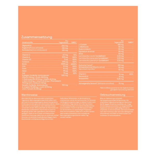 Nährwerttabelle mit Inhaltsstoffen, Tagesdosen und Warnhinweisen auf orangem Hintergrund.
