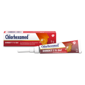 Tube mit 1 % Chlorhexamed Gel in einer Verpackung, Anwendung zur Mundhygiene.