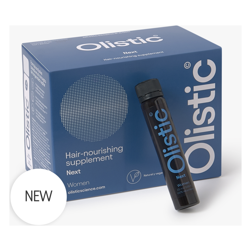 Schachtel für ein Haar-Nahrungsergänzungsmittel in Blau mit einer schwarzen Flasche daneben. Aufschrift "NEW" zum Produkt.