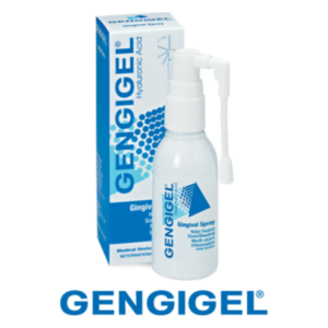 Gengigel Gingival Spray in einer transparenten Flasche mit Sprühkopf, verpackt in einer blauen Box.