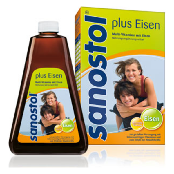 Flasche und Verpackung von Sanostol plus Eisen, einem multivitaminhaltigen Nahrungsergänzungsmittel.