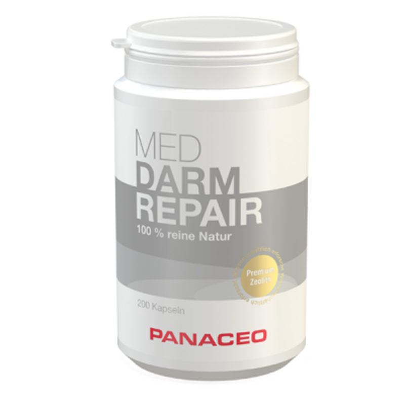 Weißer Kunststoffbehälter mit Schraubverschluss, beschriftet mit 'MED DARM REPAIR' und '100 % reinen Natur', 200 Kapseln.