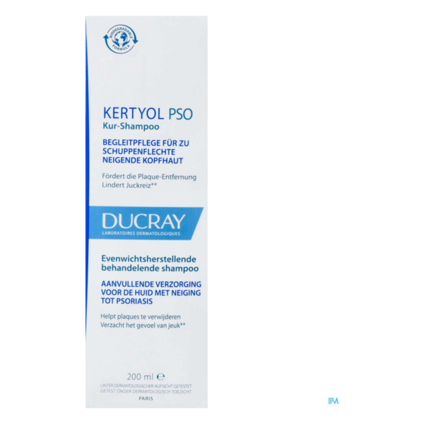Kartonverpackung für KERTYOL PSO Kur-Shampoo von Ducray mit Anwendungsbeschreibung und Produktinformation.