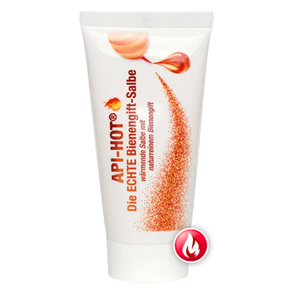 Tube mit wärmender Bienengift-Salbe, die in weißer Verpackung des Produkts API-HOT dargestellt ist.