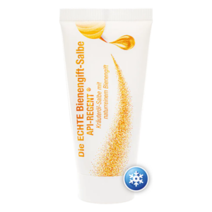 Tube mit echter Bienengift-Salbe, beschriftet mit API-REGENT und Symbol für kühlende Wirkung.