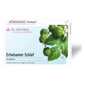 Verpackung von Dr. Schreiber's Erholsamer Schlaf mit Hopfen, Melisse und der Aufschrift '30 Kapseln'.