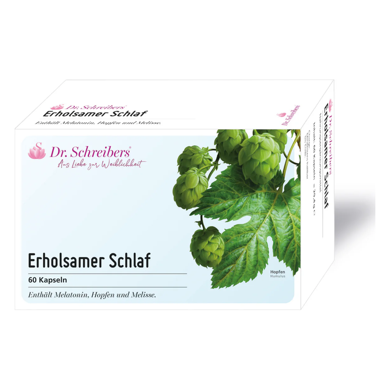 Verpackung für Nahrungsergänzungsmittel "Erholsamer Schlaf" mit Hopfenblättern, 60 Kapseln, enthält Melatonin.