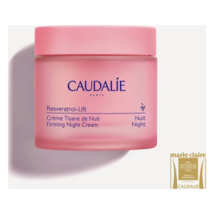 Rosa Cremeglas mit Schraubverschluss, beschriftet 'CAUDALIE Resveratrol-Lift Firming Night Cream'.