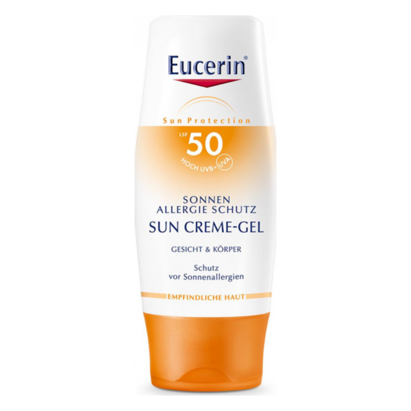 Eucerin Sonnencreme-Gel mit LSF 50, enthält Hinweise zu Anwendung für Gesicht und Körper, für empfindliche Haut.
