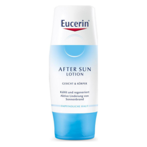 Eucerin After Sun Lotion in flacher Kunststoffflasche mit blauem Deckel, für Gesicht und Körper, zur Linderung von Sonnenbrand.