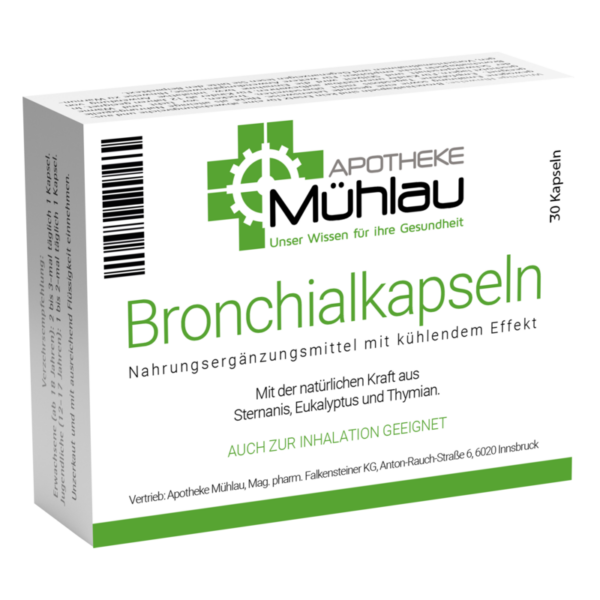 Verpackung von Bronchialkapseln, Nahrungsergänzungsmittel mit Eukalyptus und Thymian, für Inhalation geeignet.