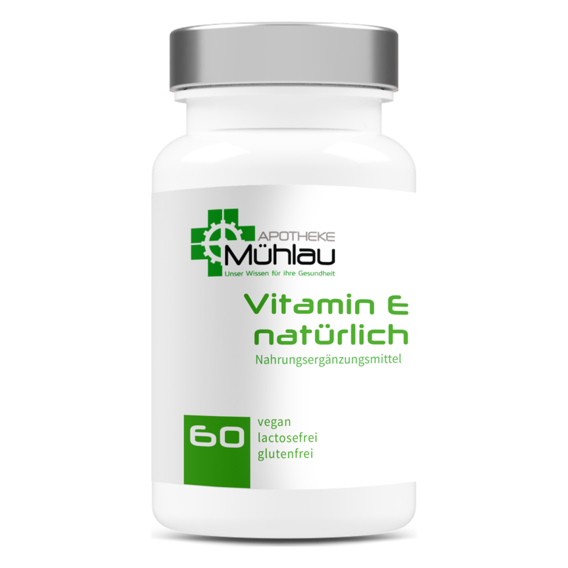 Weiße Flasche mit grauem Deckel, beschriftet mit "Vitamin E natürlich" und den Eigenschaften vegan, laktosefrei, glutenfrei.