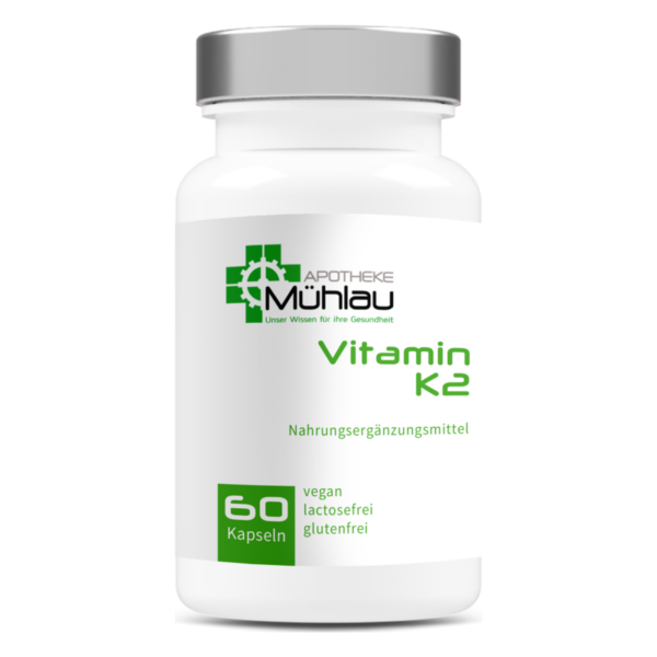 Weißer Kunststoffbehälter mit grauem Deckel, enthält K2 Vitamin in Kapselform, vegan, lactose- und glutenfrei.