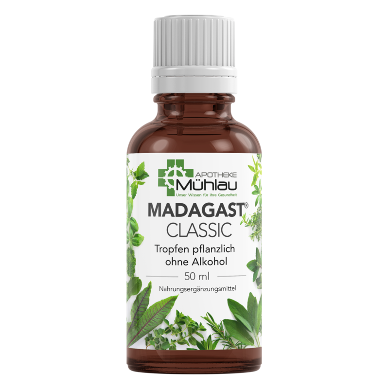 Braune Flasche mit Tropfer, etikettiert mit "Madagast Classic" und Pflanzenmotiven, 50 ml, alkoholfrei.