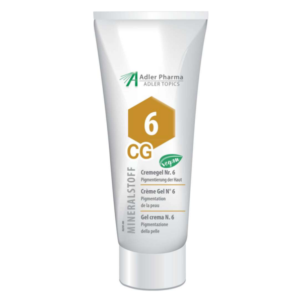 Tube mit Creme Gel Nr. 6 zur Hautpigmentierung, vegan, mit Mineralstoffen, auffälliger Grafik.