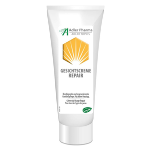 Tube mit Gesichtscreme Repair von Adler Pharma, beschreibt beruhigende Eigenschaften für alle Hauttypen.