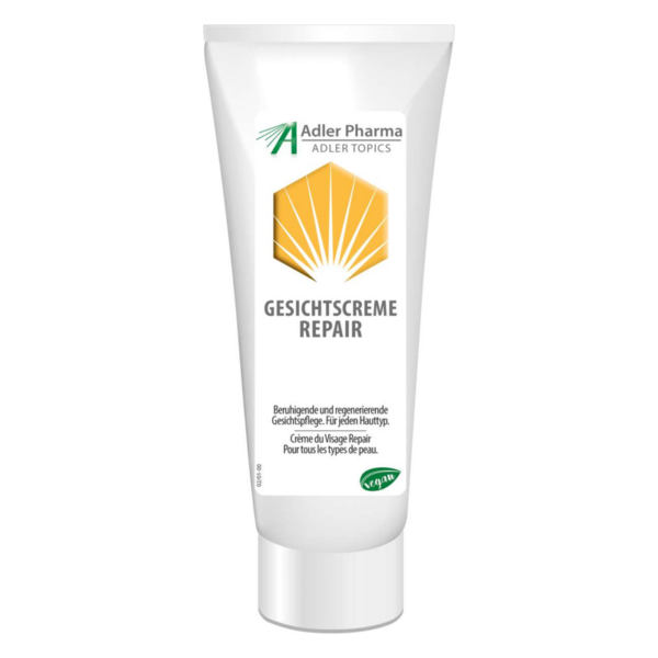 Tube mit Gesichtscreme Repair von Adler Pharma, beschreibt beruhigende Eigenschaften für alle Hauttypen.