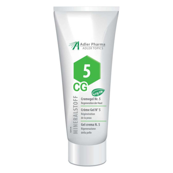 Tube mit Cremegel Nr. 5 für die Hautregeneration, vegan, mit grüner Hexagon-Darstellung und mehrsprachigen Angaben.