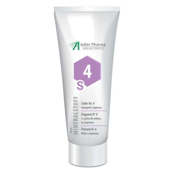 Tube mit mineralstoffhaltiger Salbe Nr. 4 für Hautprobleme, gekennzeichnet mit lila Hexagon und Produktinfos.