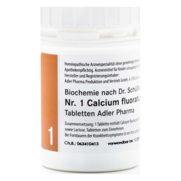 Weißer Behälter mit orangefarbener Kennzeichnung für Calcium fluoratum Tabletten von Adler Pharma.