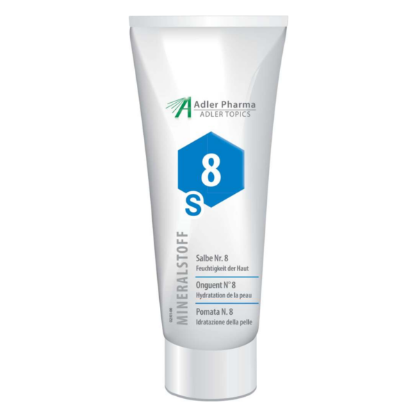 Tubus mit Hautpflege-Salbe Nr. 8, betont feuchtigkeitsspendende Eigenschaften in mehreren Sprachen.