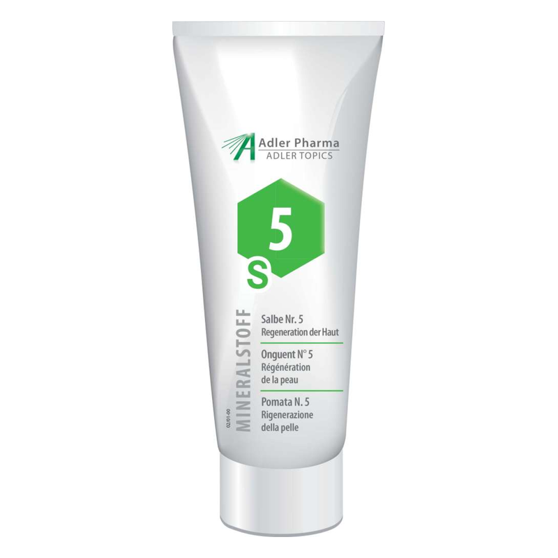 Tube mit Salbe Nr. 5 für die Hautregeneration, weiß mit grüner Schrift und hexagonalem Logo.