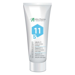 Tube mit Salbe Nr. 11 zur Unterstützung der Haut- und Nagelstruktur, weiß mit blauer Beschriftung.