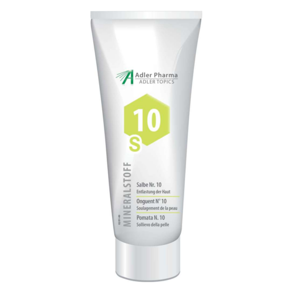 Weißer Tube mit grüner Hexagon-Kennzeichnung, enthält Mineralstoffe zur Hautentlastung, für verschiedene Sprachen beschriftet.