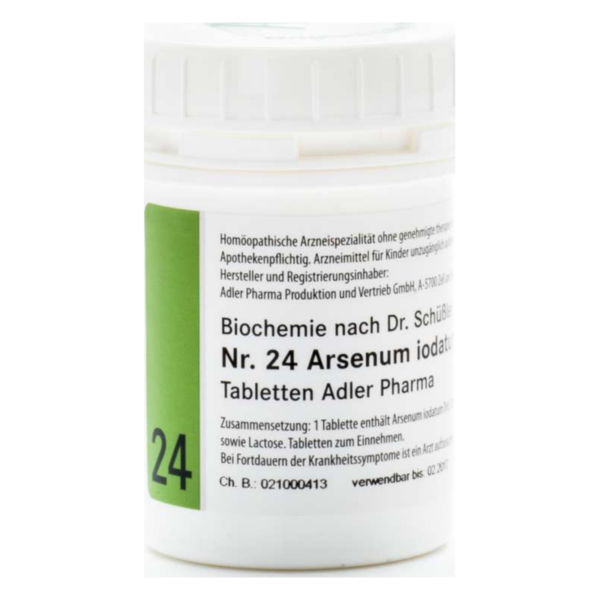 Weißer, runder Arzneimittelbehälter mit grünem Etikett, beschriftet mit "Nr. 24 Arsenum iodatum" und Hinweisen zur Anwendung.
