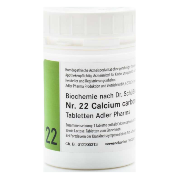 Weißer Tablettenbehälter mit grünem Etikett, der homöopathische Calciumcarbonat-Tabletten enthält.