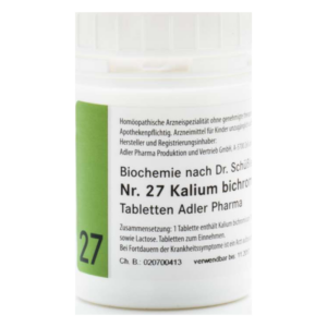 Weißer Behälter mit grünem Deckel, beschriftet mit "Biochemie nach Dr. Schüßler Nr. 27 Kalium bichromicum"