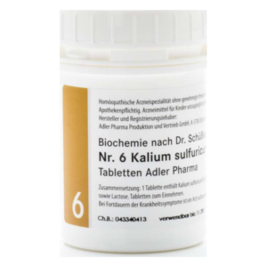 Weißer Behälter mit Schraubverschluss und gelbem Etikett, enthält homöopathische Kalium sulfuricum Tabletten.