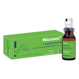 Niconex Spray zur Anwendung in der Mundhöhle, enthält 1 mg Nikotin pro Sprühstoß, in brauner Flasche mit grünem Karton.