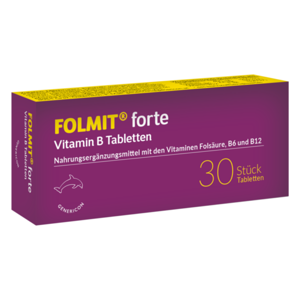 Packung FOLMIT forte Vitamin B Tabletten, Nahrungsergänzungsmittel mit Folsäure, B6 und B12, lila Design.