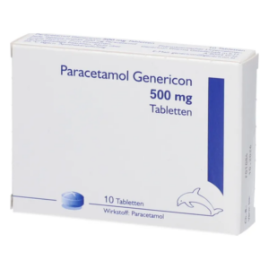Packung mit Paracetamol-Genericon, enthält 500 mg Tabletten, blau-weiße Farbe, Abbildung eines Delfins.