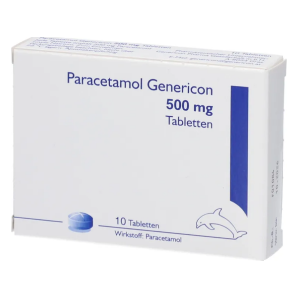 Packung mit Paracetamol-Genericon, enthält 500 mg Tabletten, blau-weiße Farbe, Abbildung eines Delfins.