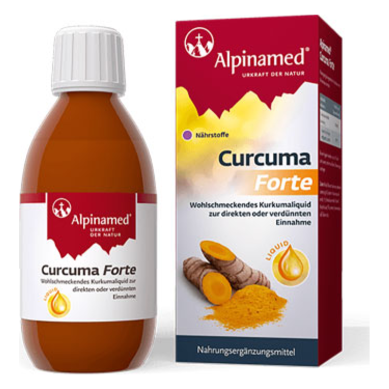 Flasche mit Curcuma Forte von Alpinamed, enthält flüssiges Nahrungsergänzungsmittel, daneben Herstellerverpackung mit Kurkuma-Wurzel.
