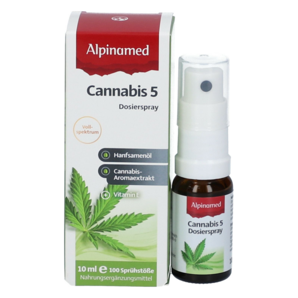 Cannabis 5 Dosierspray von Alpinamed, umgeben von einer Verpackung mit Hanfblattmotiv und Infos zu Inhaltsstoffen.