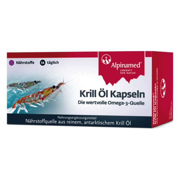Verpackung von Krill Öl Kapseln mit Hinweis auf omega-3 Quelle und Nährstoffinformation, Illustrationen von Krill, Marke Alpinamed.