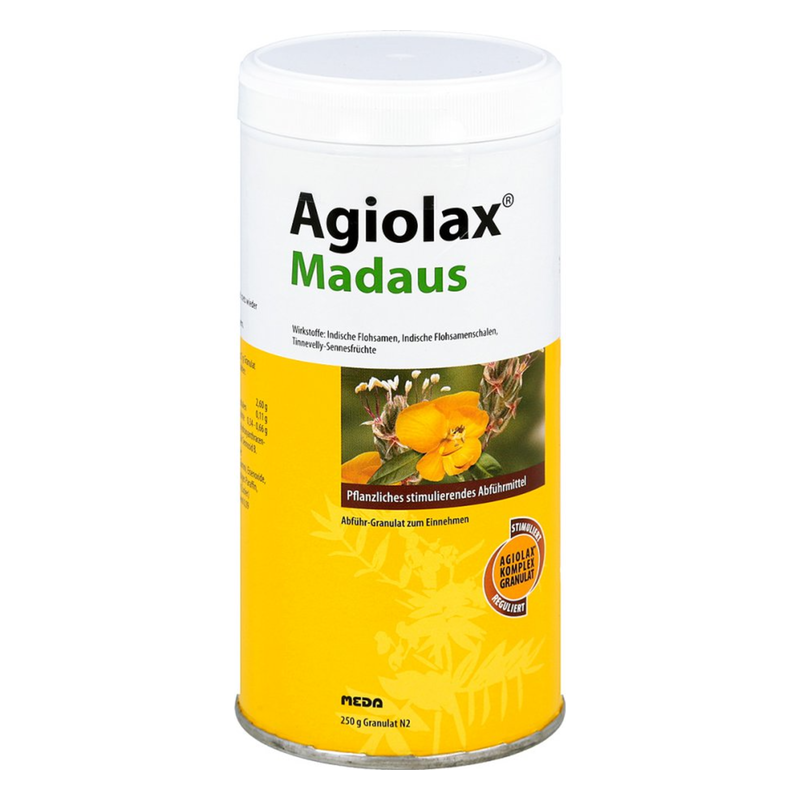 Runder Behälter mit Abführgranulat namens Agiolax von Madaus, gelb mit blühenden Pflanzenmotiven.