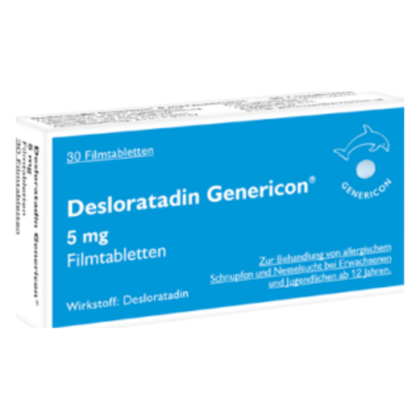 Blaues Medikamentenpackung mit 30 Filmtabletten, enthält Desloratadin zur Behandlung von Allergien.