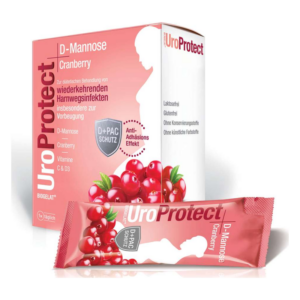 Verpackung von UroProtect mit D-Mannose und Cranberry zur Vorbeugung von Harnwegsinfekten, mit einem Beutel und Details zur Verträglichkeit.