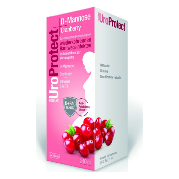 Packaging von UroProtect D-Mannose Cranberry zur Vorbeugung von Harnwegsinfekten, mit Markenzeichen und Zutatenangaben.