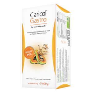 Verpackung von Caricol Gastro, einem Nahrungsergänzungsmittel mit Papaya, Hafer und Biotin, mit dem Hinweis "Natur PUR".