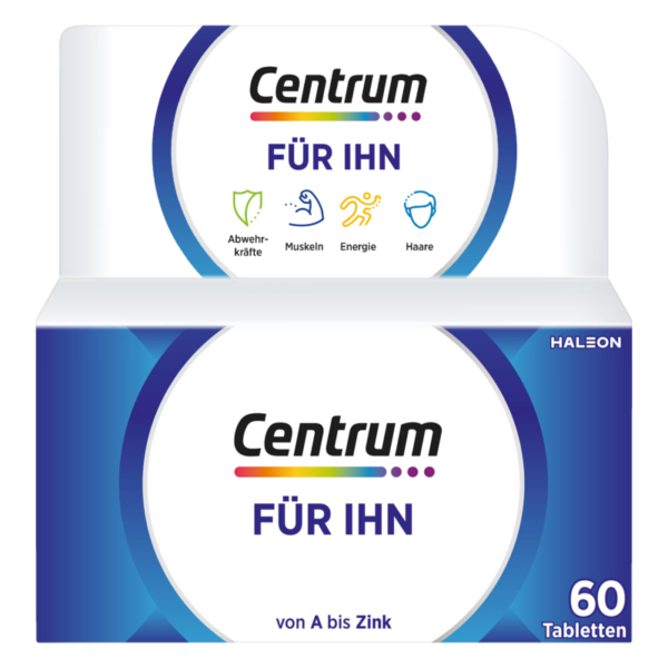 Verpackung von Centrum für Männer, enthält 60 Tabletten, mit Symbolen für Abwehrkräfte, Muskeln, Energie und Haare.