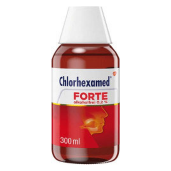 Flasche Chlorhexamed Forte mit 300 ml alkoholfreier Lösung, rot-weiße Etikettierung und grafischem Element eines Kopfes.
