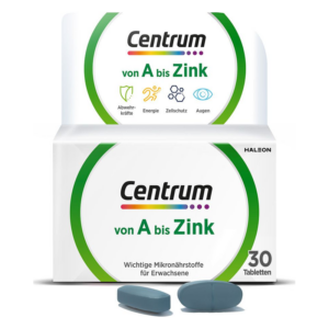 Verpackung von Centrum von A bis Zink mit Informationen zu Mikronährstoffen, enthalten sind zwei Tabletten.