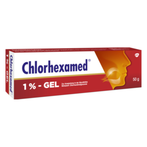 Verpackung von Chlorhexamed 1 % Gel in einer roten und weißen Box mit einer Abbildung eines menschlichen Gesichts.